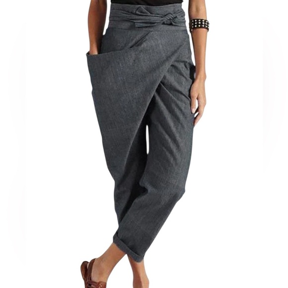 Chic Casual Navy Black Asymmetrical Pants Wrap Shirt - Picture 1 of 5